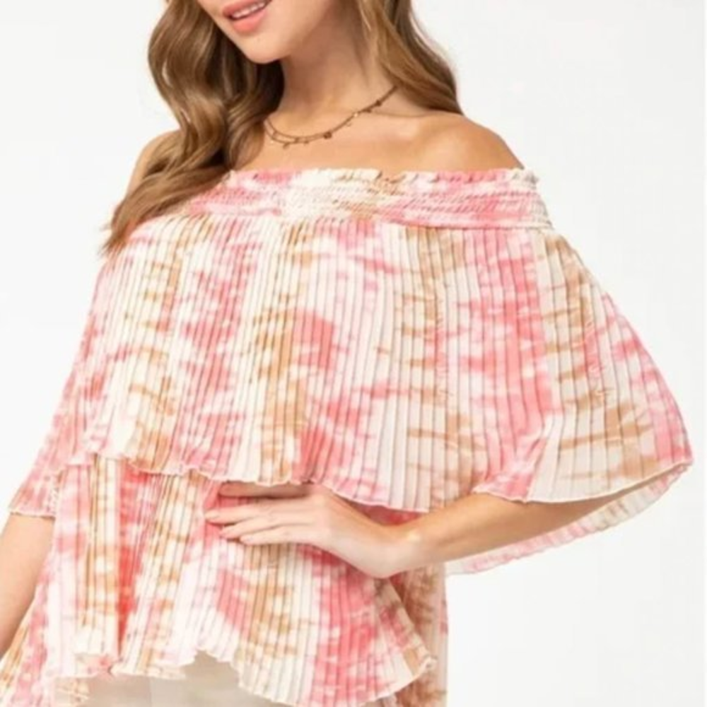 New Anthropologie M L Entro Pink Tie Dye Accordion Pleat Off The Shoulder Top